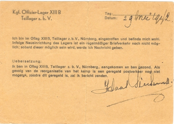Back of the postcard from Klaas "Niek" Siersema at the Oflag XIII-B prisoner of war camp in 1942.