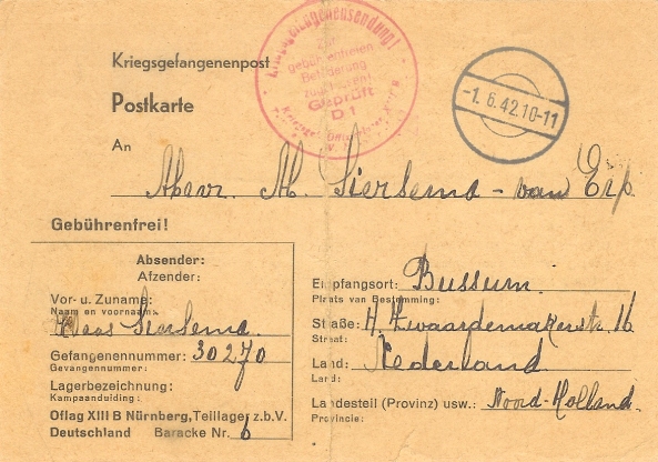 Front of the postcard from Klaas "Niek" Siersema at the Oflag XIII-B prisoner of war camp in 1942.