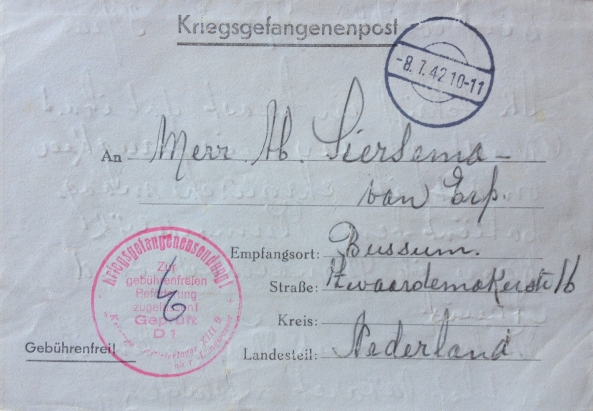 Letter front from Klaas Siersema at Oflag XIII-B in 1942.