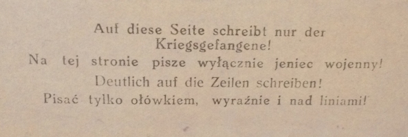 Notice on POW stationary saying it's only for prisoner of war use and they must write on the line. The words are in German and Polish.