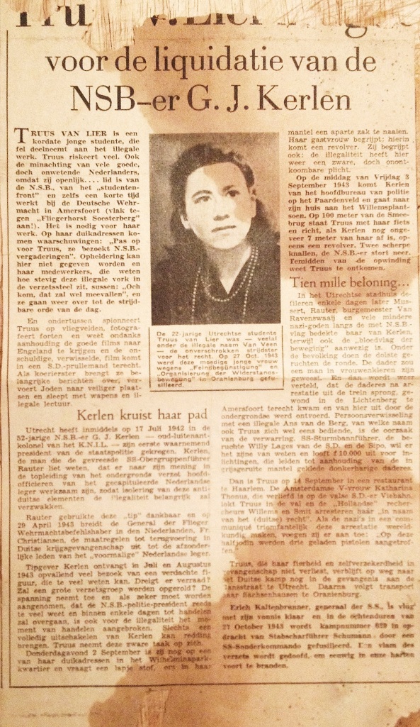 Newspaper clipping about Gertrude "Truus" van Lier.
