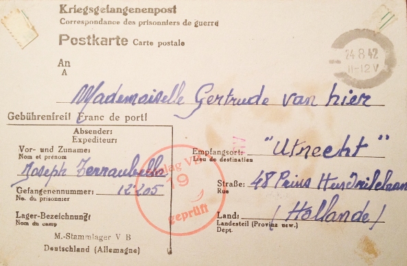 Front of a letter from Joseph Ferraubella at Stalag VB 19 to Gertrude van Hier in 1942.