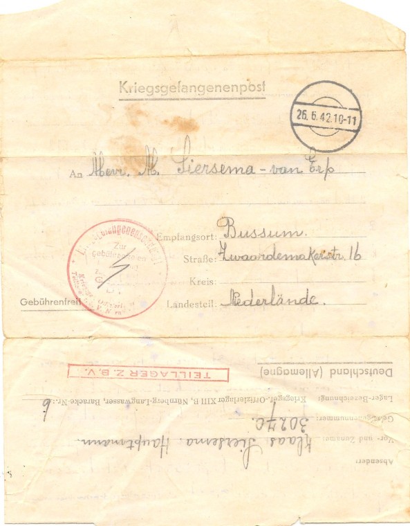 Front of a letter from Klaas "Niek" Siersema at the Oflag XIII-B prisoner of war camp in 1942.